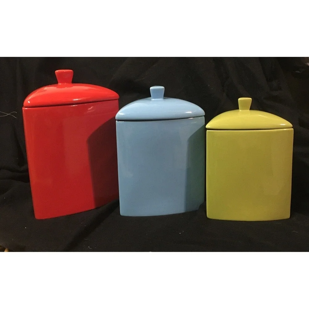 Oneida VTG MCM Buffalo China Triangle Canister Set of 3 Red Blue Green EUC Rare